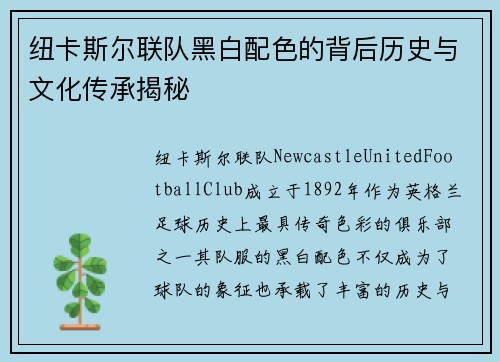 纽卡斯尔联队黑白配色的背后历史与文化传承揭秘