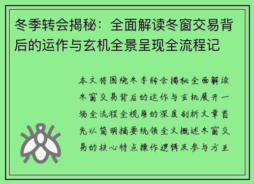 冬季转会揭秘:全面解读冬窗交易背后的运作与玄机全景呈现全流程记 冬季转会揭秘:全面解读冬窗交易背后的运作与玄机全景呈现全流程记